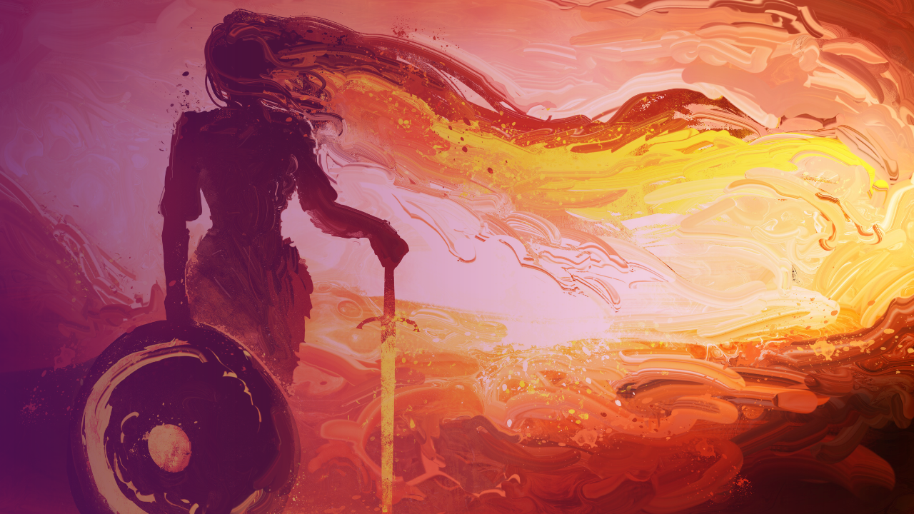 painting in oranges, yellows, and purples with a woman with long hair blowing in the wind carrying a shield and sword pointed downward