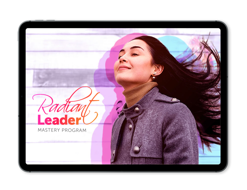 Ipad with an image of a woman with brown hair in the wind and the text 'Radiant Leader Mastery Program'