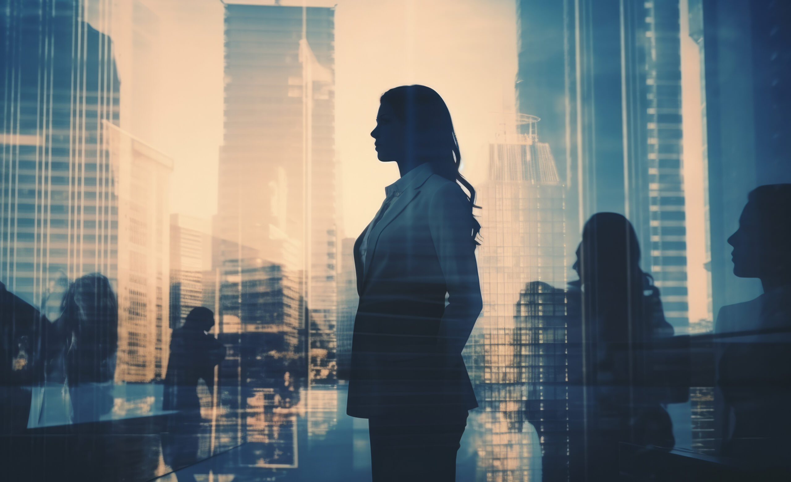 Silhouette of a female businesswoman double exposure against an urban city background.